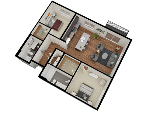 Floor plan for 2 beds, 2 baths, 1048 sqft